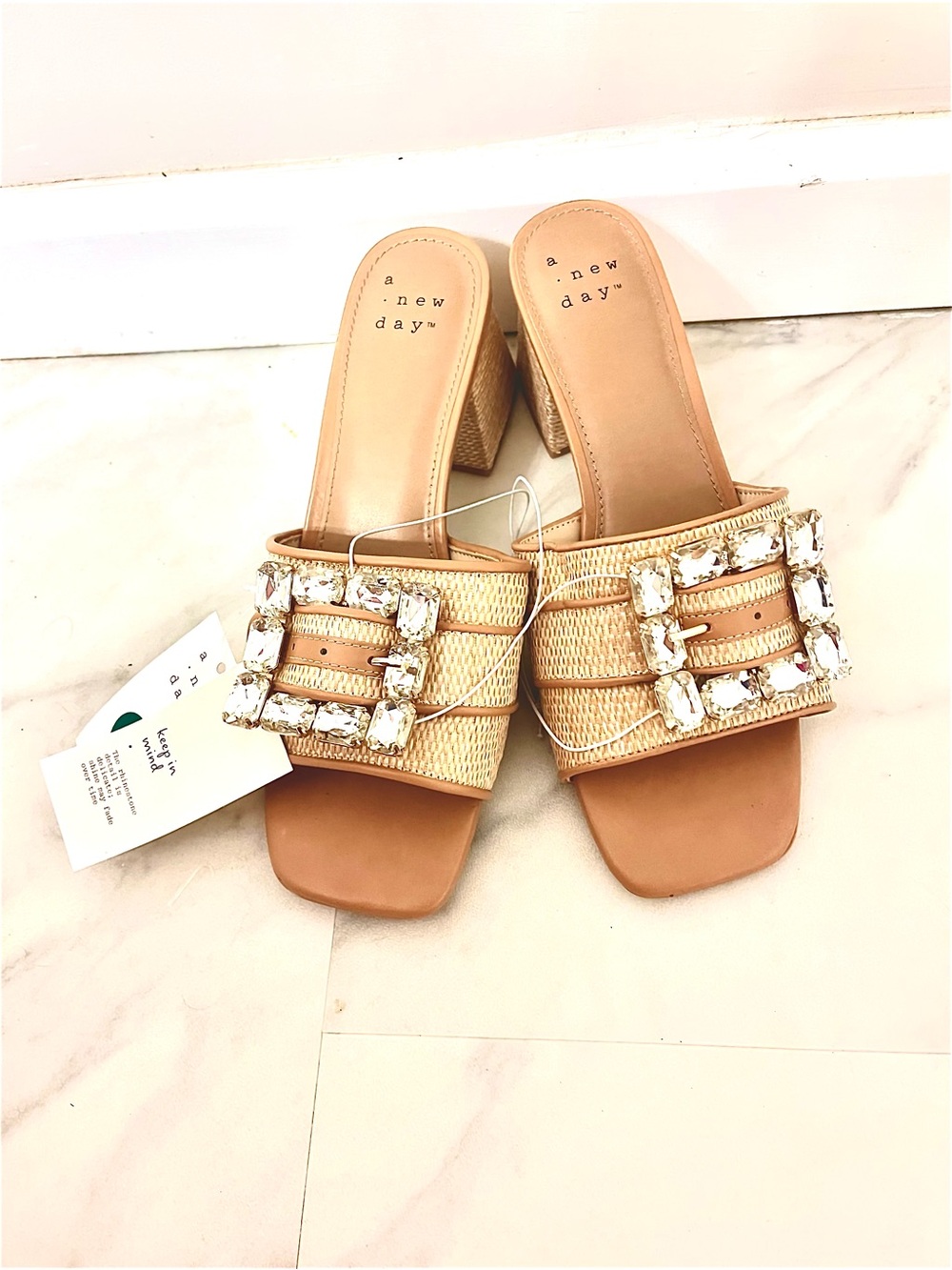 a new day Tan Woven Embellished Block Heel Mules